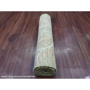 2'7"x6' Pickle Green, Afghan Peshawar with Birds of Paradise Design, Vegetable Dyes, Hand Knotted, Soft Wool, Runner, Oriental Rug FWR125778