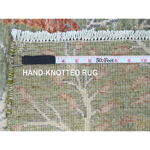 2'7"x6' Pickle Green, Afghan Peshawar with Birds of Paradise Design, Vegetable Dyes, Hand Knotted, Soft Wool, Runner, Oriental Rug FWR125778