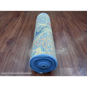 2'9"x23'4" Carolina Blue, Hand Knotted, Afghan Peshawar with Birds of Paradise Design, Veggie Dyes, Soft and Velvety Wool, XL Runner, Oriental Rug FWR125790
