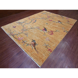 9'x12' Honey Brown, Sparrows On The Tree, Peshawar, 100% Soft Wool, Hand Knotted, Oriental Rug FWR125814