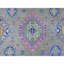 Load image into Gallery viewer, 9&#39;9&quot;x13&#39;2&quot; Stone Gray, Colorful Fusion Kazak, Caucasian Medallions Design, Hand Knotted, Pure Wool, Oriental Rug FWR125838