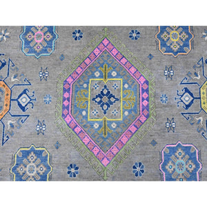 9'9"x13'2" Stone Gray, Colorful Fusion Kazak, Caucasian Medallions Design, Hand Knotted, Pure Wool, Oriental Rug FWR125838