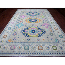 Load image into Gallery viewer, 9&#39;7&quot;x13&#39;4&quot; Cloud Gray, Colorful Fusion Kazak, Caucasian Design With Geometric Medallions, 100% Wool, Hand Knotted, Oriental Rug FWR125844