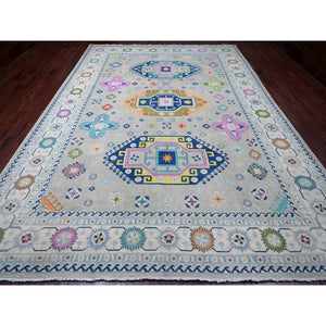 9'7"x13'4" Cloud Gray, Colorful Fusion Kazak, Caucasian Design With Geometric Medallions, 100% Wool, Hand Knotted, Oriental Rug FWR125844
