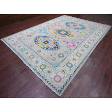 Load image into Gallery viewer, 9&#39;7&quot;x13&#39;4&quot; Cloud Gray, Colorful Fusion Kazak, Caucasian Design With Geometric Medallions, 100% Wool, Hand Knotted, Oriental Rug FWR125844