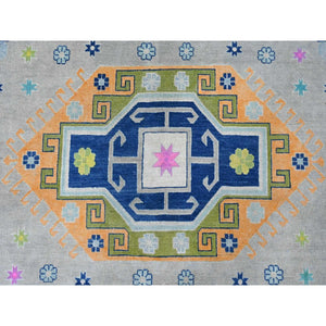 9'7"x13'4" Cloud Gray, Colorful Fusion Kazak, Caucasian Design With Geometric Medallions, 100% Wool, Hand Knotted, Oriental Rug FWR125844