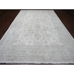 9'8"x13'8" Whisper White, Washed Out Peshawar with All Over Leaf Design, Hand Knotted, Vegetable Dyes, 100% Wool, Oriental Rug FWR125868