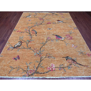 8'2"x9'9" Copper Brown, Sparrows on the Tree, Peshawar, Hand Knotted, High Mountain Wool, Soft to the Touch, Oriental Rug FWR126000