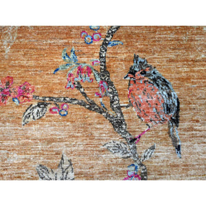 8'2"x9'9" Copper Brown, Sparrows on the Tree, Peshawar, Hand Knotted, High Mountain Wool, Soft to the Touch, Oriental Rug FWR126000