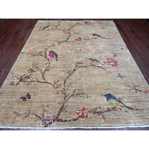 8'2"x9'9" Beaver Brown, Hand Knotted, Sparrows on the Tree, Peshawar, 100% Wool, Soft Pile, Densely Woven, Oriental Rug FWR126006