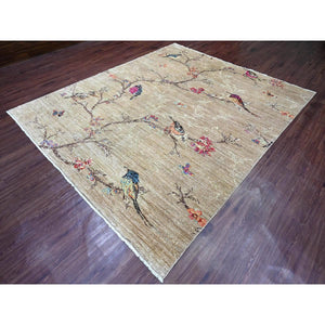 8'2"x9'9" Beaver Brown, Hand Knotted, Sparrows on the Tree, Peshawar, 100% Wool, Soft Pile, Densely Woven, Oriental Rug FWR126006