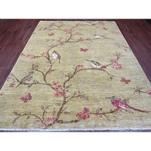 Load image into Gallery viewer, 8&#39;3&quot;x9&#39;9&quot; Swamp Green with Touches of Pink, Peshawar, Sparrows on the Tree, Densely Woven, Hand Knotted, Soft 100% Wool, Oriental Rug FWR126042