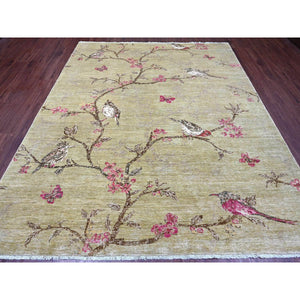8'3"x9'9" Swamp Green with Touches of Pink, Peshawar, Sparrows on the Tree, Densely Woven, Hand Knotted, Soft 100% Wool, Oriental Rug FWR126042