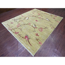 Load image into Gallery viewer, 8&#39;3&quot;x9&#39;9&quot; Swamp Green with Touches of Pink, Peshawar, Sparrows on the Tree, Densely Woven, Hand Knotted, Soft 100% Wool, Oriental Rug FWR126042