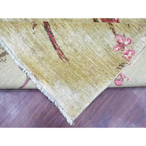 8'3"x9'9" Swamp Green with Touches of Pink, Peshawar, Sparrows on the Tree, Densely Woven, Hand Knotted, Soft 100% Wool, Oriental Rug FWR126042