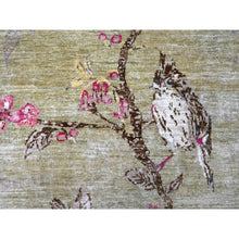 Load image into Gallery viewer, 8&#39;3&quot;x9&#39;9&quot; Swamp Green with Touches of Pink, Peshawar, Sparrows on the Tree, Densely Woven, Hand Knotted, Soft 100% Wool, Oriental Rug FWR126042