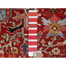 Load image into Gallery viewer, 8&#39;9&quot;x12&#39;1&quot; Crimson Red, Antique Persian Heriz, Clean, Very Good Condition, Light Blue Corners, Hand Knotted, Pure Wool, Oriental Rug FWR12600