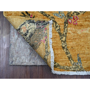 1'10'x2'9" Golden Brown, Hand Knotted, Sparrows On The Tree, Peshawar, Soft, High Mountain Wool, Densely Woven, Mat, Sample, Oriental Rug FWR126090