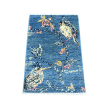 Load image into Gallery viewer, 2&#39;x2&#39;10&quot; Yale Blue, Densely Woven, Sparrows on the Tree, Peshawar, Pure Wool, Soft Pile, Hand Knotted, Sample, Mat, Oriental Rug FWR126096
