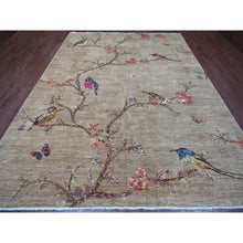 Load image into Gallery viewer, 9&#39;x12&#39; Stone Gray, Hand Knotted, Sparrows On The Tree, Peshawar, Densely Woven, High Mountain Wool, Soft To The Touch, Oriental Rug FWR126240