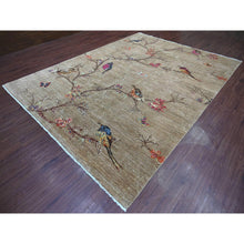Load image into Gallery viewer, 9&#39;x12&#39; Stone Gray, Hand Knotted, Sparrows On The Tree, Peshawar, Densely Woven, High Mountain Wool, Soft To The Touch, Oriental Rug FWR126240