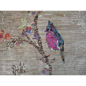 9'x12' Honey Brown, Hand Knotted, Sparrows On The Tree, Peshawar, Densely Woven, High Mountain Wool, Soft To The Touch, Oriental Rug FWR126240