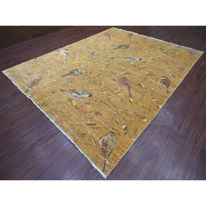 9'4"x11'8" Copper Brown, Soft To The Touch, Hand Knotted, Sparrows On The Tree, Peshawar, Densely Woven, High Mountain Wool, Oriental Rug FWR126246