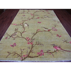 9'x11'10" Laurel Green, Hand Knotted, Sparrows On The Tree, Peshawar, Densely Woven, High Mountain Wool, Soft To The Touch, Oriental Rug FWR126252