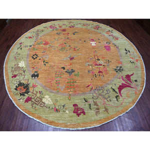 11'10"x11'10" Copper Brown, Chinese Art Deco Inspired Peshawar, 100% Wool, Vegetable Dyes, Hand Knotted, Round, Oriental Rug FWR126264