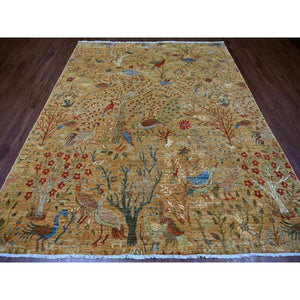 7'10"x9'7" Tawny Brown, Afghan Peshawar With Colorful Birds Of Paradise Design, Soft And Vibrant Wool, Hand Knotted, Vegetable Dyes, Oriental Rug FWR126282
