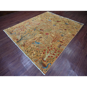7'10"x9'7" Tawny Brown, Afghan Peshawar With Colorful Birds Of Paradise Design, Soft And Vibrant Wool, Hand Knotted, Vegetable Dyes, Oriental Rug FWR126282