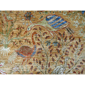 7'10"x9'7" Tawny Brown, Afghan Peshawar With Colorful Birds Of Paradise Design, Soft And Vibrant Wool, Hand Knotted, Vegetable Dyes, Oriental Rug FWR126282