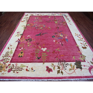 9'x11'10" Hot Pink, Pure Wool, Chinese Art Deco Inspired Peshawar, Natural Dyes, Hand Knotted, Oriental Rug FWR126288