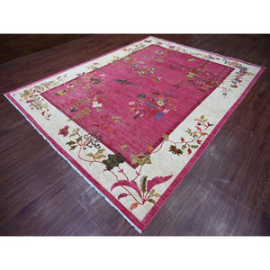 9'x11'10" Hot Pink, Pure Wool, Chinese Art Deco Inspired Peshawar, Natural Dyes, Hand Knotted, Oriental Rug FWR126288