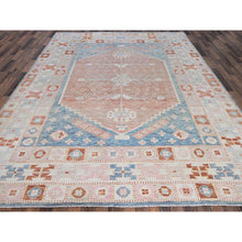 Load image into Gallery viewer, 8&#39;10&quot;x11&#39;9&quot; Cantaloupe Orange With Light Blue, Turkish Knot, Sheared Low, Pure Wool, Zero Pile, Anatolian Village Design, Hand Knotted, Oriental Rug FWR12624