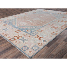 Load image into Gallery viewer, 8&#39;10&quot;x11&#39;9&quot; Cantaloupe Orange With Light Blue, Turkish Knot, Sheared Low, Pure Wool, Zero Pile, Anatolian Village Design, Hand Knotted, Oriental Rug FWR12624