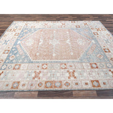 Load image into Gallery viewer, 8&#39;10&quot;x11&#39;9&quot; Cantaloupe Orange With Light Blue, Turkish Knot, Sheared Low, Pure Wool, Zero Pile, Anatolian Village Design, Hand Knotted, Oriental Rug FWR12624