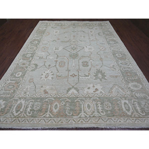 9'2"x12' Light Green, Afghan Angora Oushak With All Over Vines Design, Vegetable Dyes, Hand Knotted, 100% Wool, Oriental Rug FWR126300