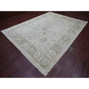 9'2"x12' Light Green, Afghan Angora Oushak With All Over Vines Design, Vegetable Dyes, Hand Knotted, 100% Wool, Oriental Rug FWR126300