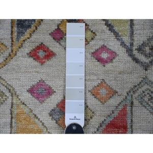 2'8"x7'3" Chiffon White, Anatolian Village Inspired Design, Geometric Medallions, Hand Knotted, Pure Wool, Vegetable Dyes, Runner, Oriental Rug FWR126348