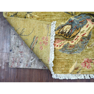 2'2"x3' Olive Green, Sparrows On The Tree, Peshawar, Densely Woven, High Mountain Wool, Hand Knotted, Soft To The Touch, Sample, Mat, Oriental Rug FWR126396