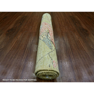 2'2"x3' Olive Green, Sparrows On The Tree, Peshawar, Densely Woven, High Mountain Wool, Hand Knotted, Soft To The Touch, Sample, Mat, Oriental Rug FWR126396