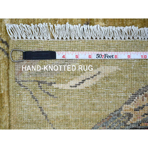 2'2"x3' Olive Green, Sparrows On The Tree, Peshawar, Densely Woven, High Mountain Wool, Hand Knotted, Soft To The Touch, Sample, Mat, Oriental Rug FWR126396