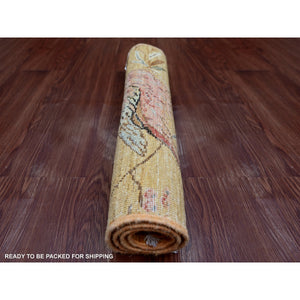 2'x3' Golden Brown, Hand Knotted, Sparrows On The Tree, Peshawar, Densely Woven, High Mountain Wool, Soft To The Touch, Mat, Sample, Oriental Rug FWR126408