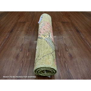 2'x3' Savannah Green, Hand Knotted, Sparrows On The Tree, Peshawar, Densely Woven, High Mountain Wool, Soft To The Touch, Mat, Sample, Oriental Rug FWR126420
