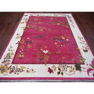 8'2"x9'9" Fuscia Pink, Chinese Art Deco Inspired Peshawar, Pure Wool, Vegetable Dyes, Hand Knotted, Oriental Rug FWR126450
