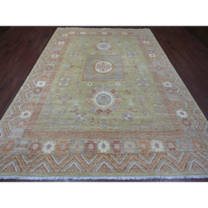 8'8"x11'9" Olive Green, Peshawar With Khotan Design, Natural Dyes, Pure Wool, Hand Knotted, Oriental Rug FWR126462