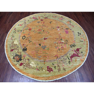 8'x8' Tawny Brown, Pure Wool, Chinese Art Deco Inspired Peshawar, Natural Dyes, Hand Knotted, Round, Oriental Rug FWR126468