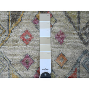 2'8"x7'8" Oyster White, Hand Knotted, Anatolian Village Inspired Design, Geometric Medallions, Pure Wool, Vegetable Dyes, Runner, Oriental Rug FWR126486