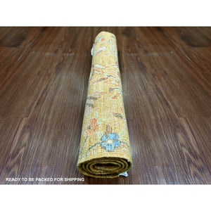 2'x3' Golden Brown, Afghan Peshawar With Colorful Birds Of Paradise Design, Soft Wool, Hand Knotted, Vegetable Dyes, Sample, Mat, Oriental Rug FWR126504
